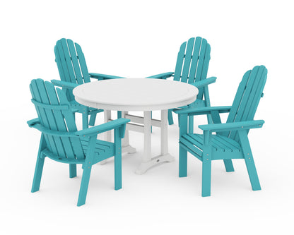POLYWOOD® Vineyard Curveback Adirondack 5-Piece Nautical Trestle Dining Set in Aruba / White