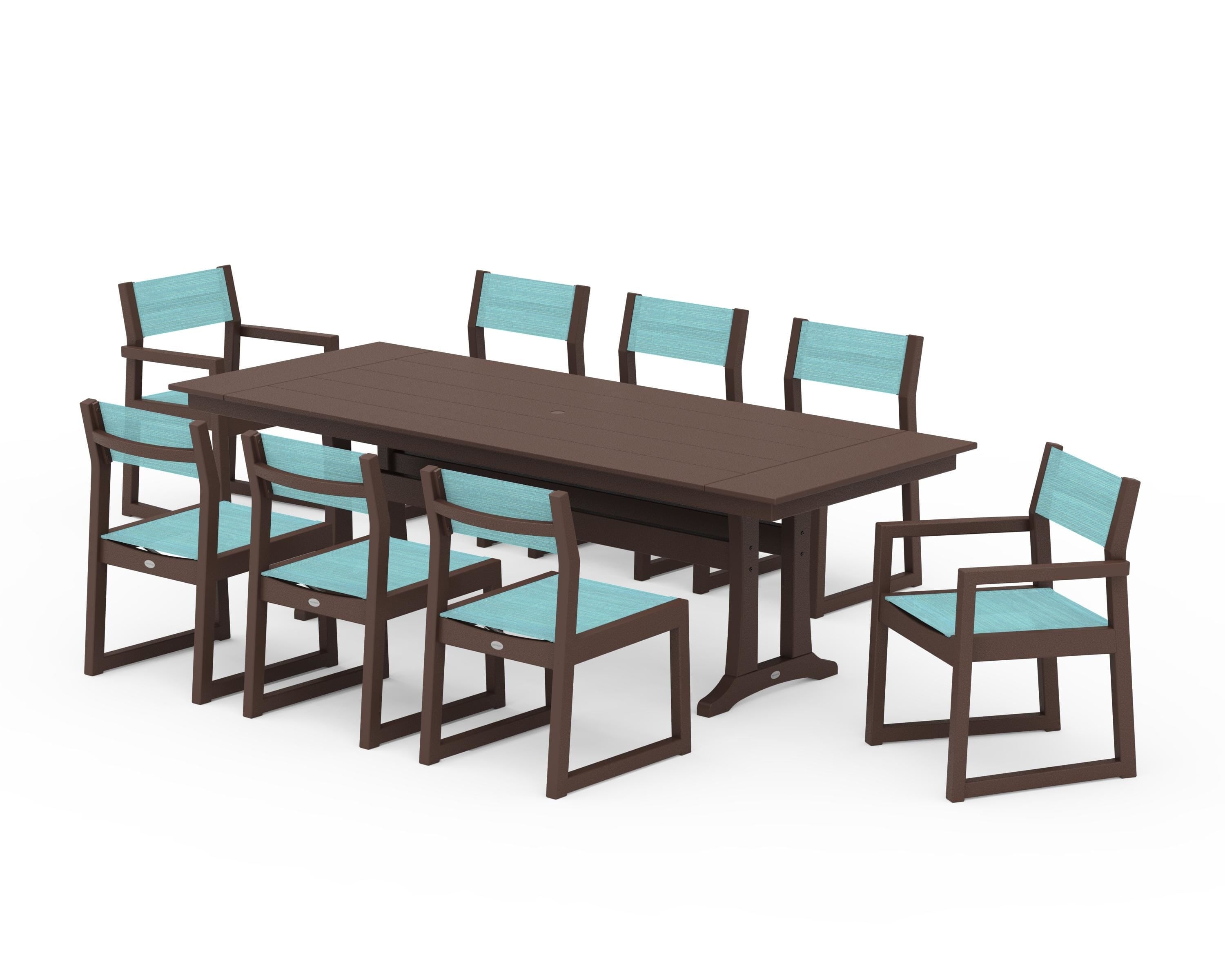 POLYWOOD® EDGE Sling 9-Piece Farmhouse Trestle Dining Set in Mahogany / Dupioni Aquamarine Sling