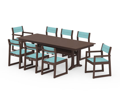 POLYWOOD® EDGE Sling 9-Piece Farmhouse Trestle Dining Set in Mahogany / Dupioni Aquamarine Sling
