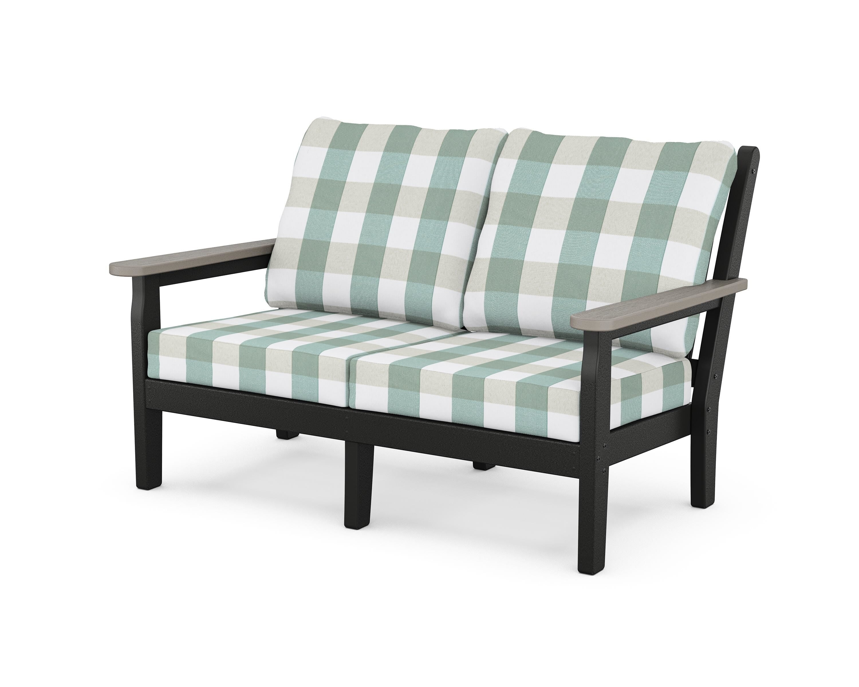 POLYWOOD® Chippendale Deep Seating Loveseat in Black / Driftwood / Buffalo Plaid Glacier Spa