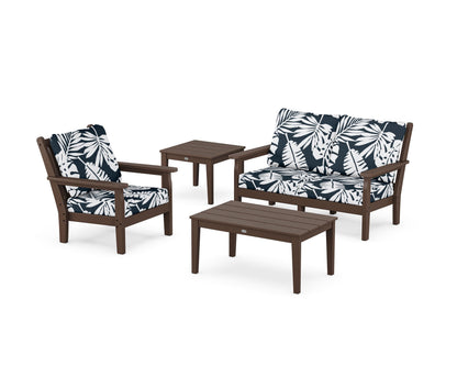 POLYWOOD® Chippendale 4-Piece Deep Seating Set in Mahogany / Leaf Marine Indigo