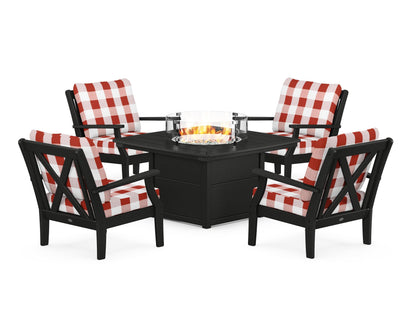 POLYWOOD® Braxton 5-Piece Deep Seating Conversation Set with Fire Pit Table in Black / Buffalo Plaid Crimson