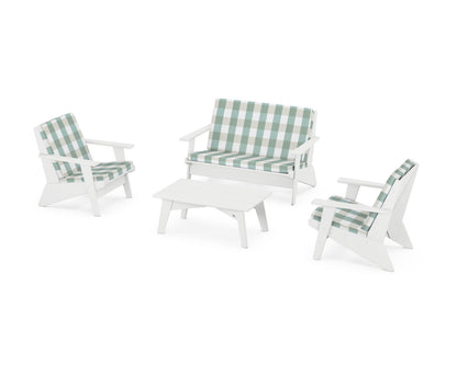 POLYWOOD® Riviera Modern Lounge 4-Piece Set in White / Buffalo Plaid Glacier Spa