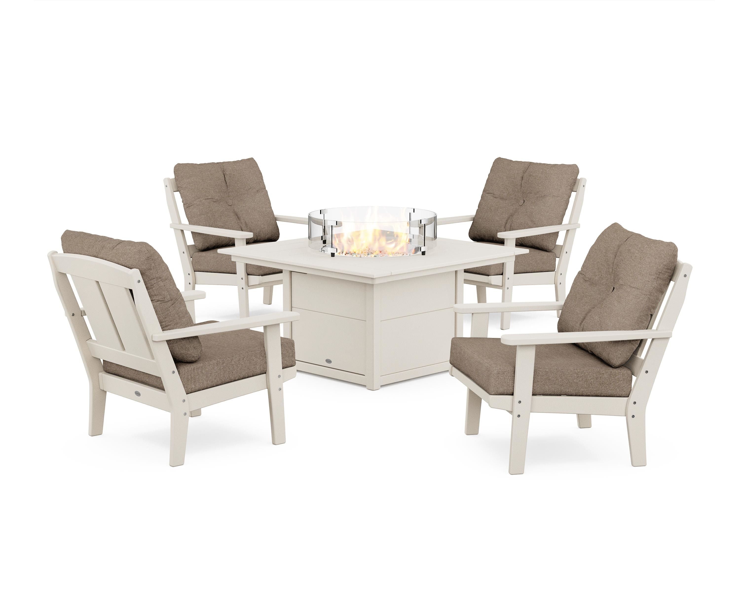 POLYWOOD® Mission 5-Piece Deep Seating Set with Fire Pit Table in Sand / Spiced Burlap