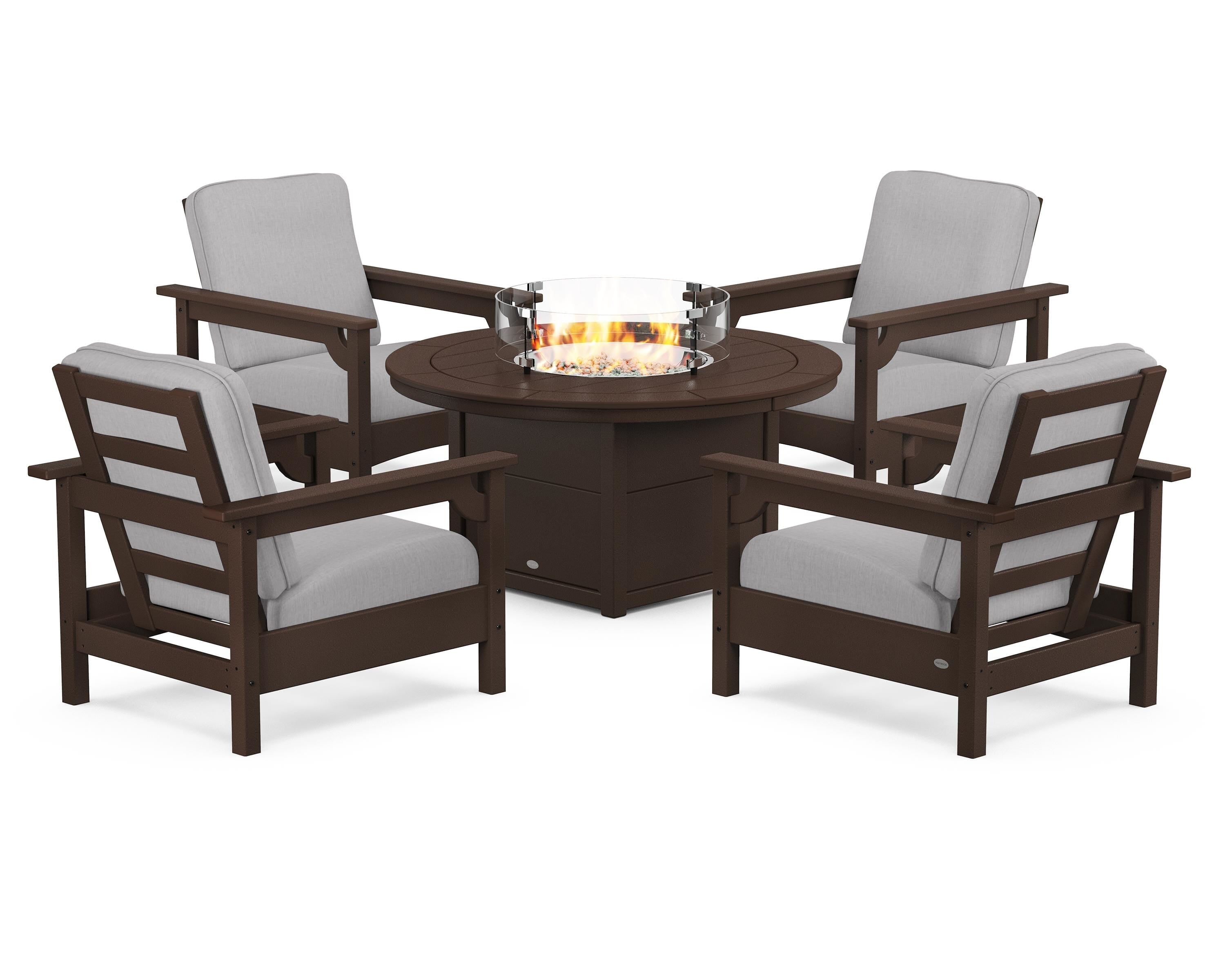 POLYWOOD® Club 5-Piece Conversation Set with Fire Pit Table in Mahogany / Granite