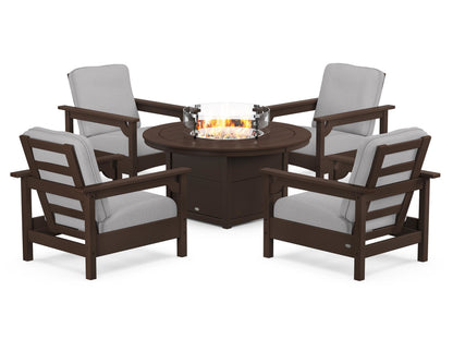 POLYWOOD® Club 5-Piece Conversation Set with Fire Pit Table in Mahogany / Granite