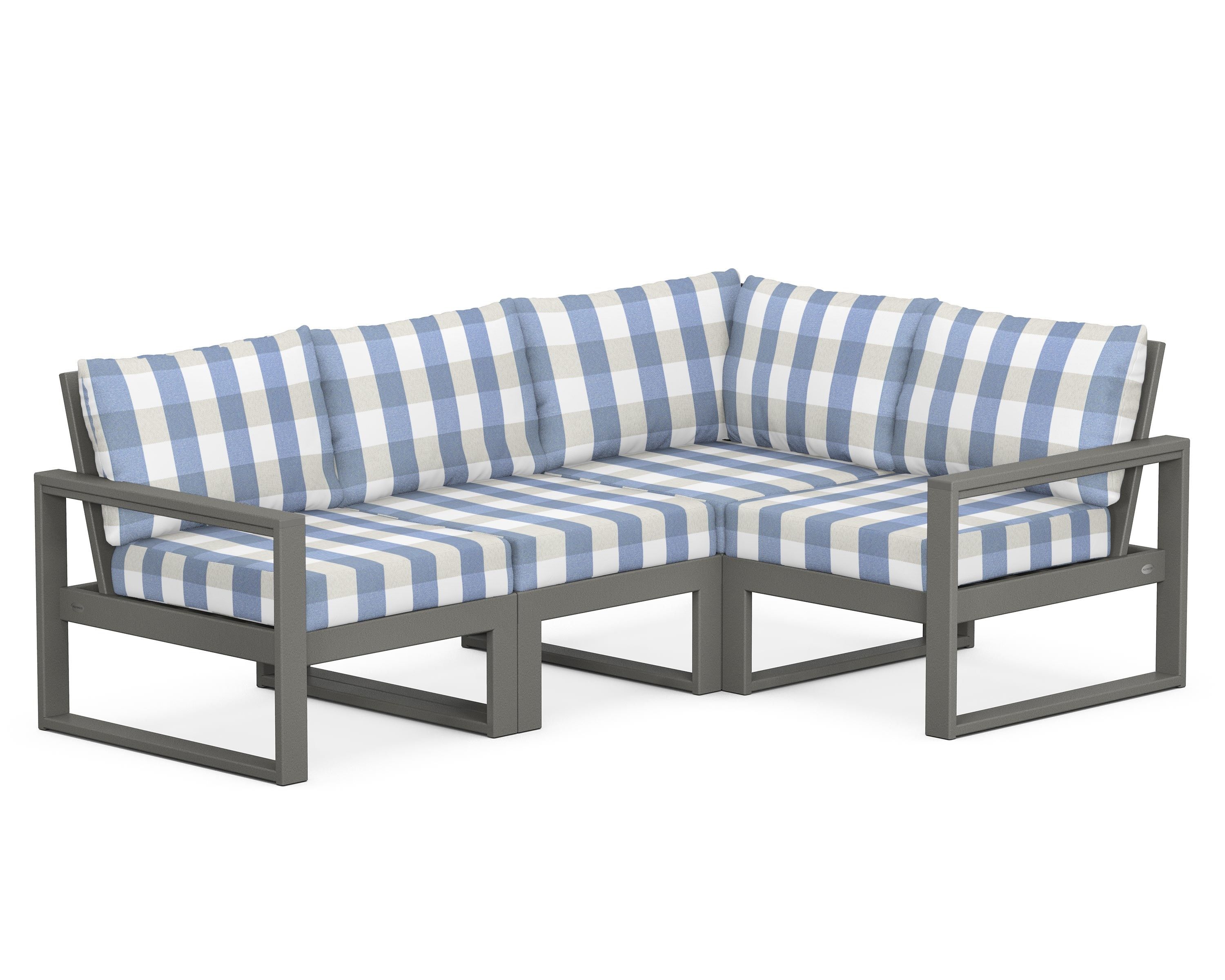 POLYWOOD® EDGE 4-Piece Modular Deep Seating Set in Slate Grey / Buffalo Plaid Sky Blue