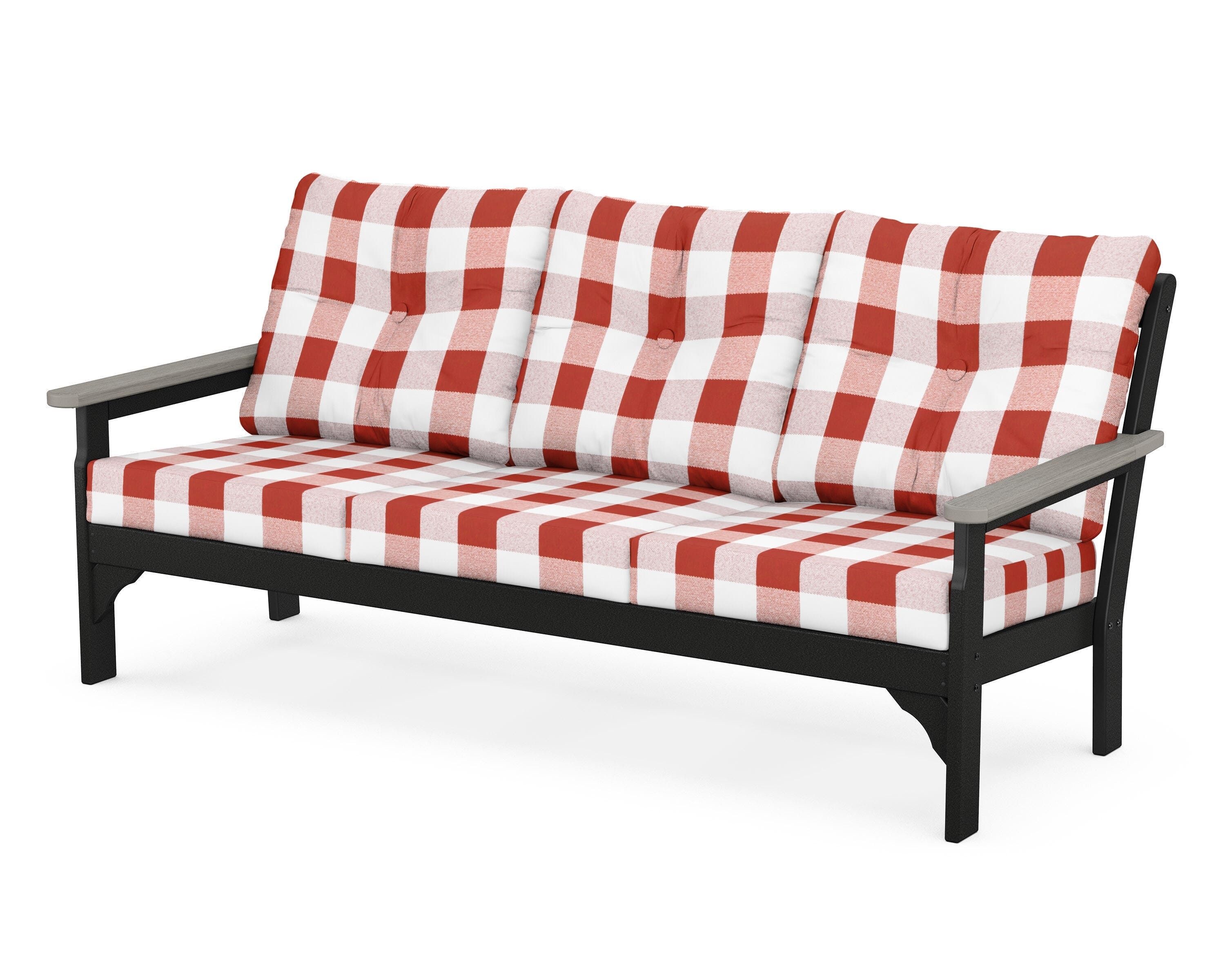 POLYWOOD® Vineyard Deep Seating Sofa in Black / Driftwood / Buffalo Plaid Crimson