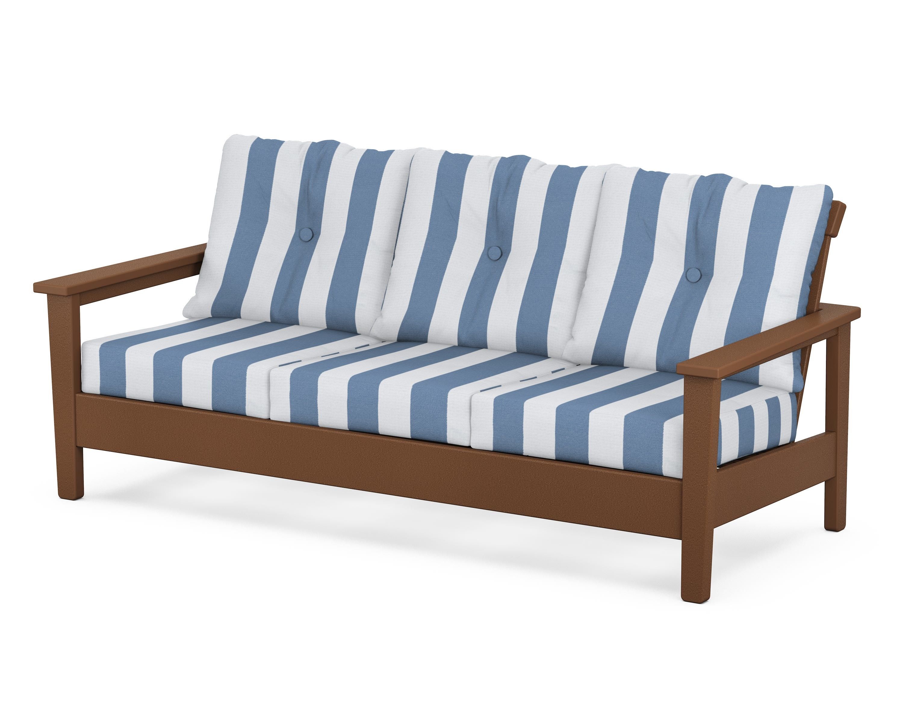 POLYWOOD® Prescott Deep Seating Sofa in Teak / Cabana Stripe Sky Blue