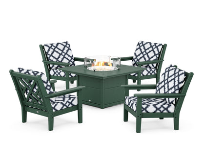 POLYWOOD® Chippendale 5-Piece Deep Seating Set with Fire Pit Table in Green / Trellis Marine Indigo