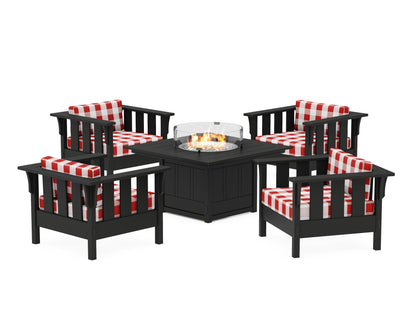 Martha Stewart by POLYWOOD® Acadia 5-Piece Deep Seating Set with Fire Pit Table in Black / Buffalo Plaid Crimson