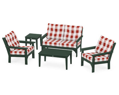 POLYWOOD® Vineyard 5-Piece Deep Seating Set in Green / Buffalo Plaid Crimson