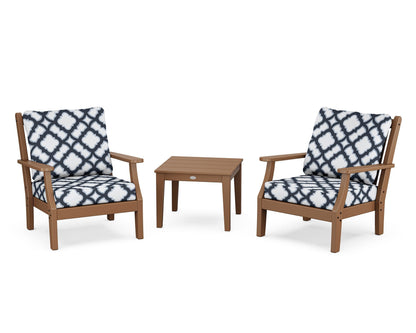 Country Living Wovendale 3-Piece Deep Seating Set in Teak / Trellis Marine Indigo