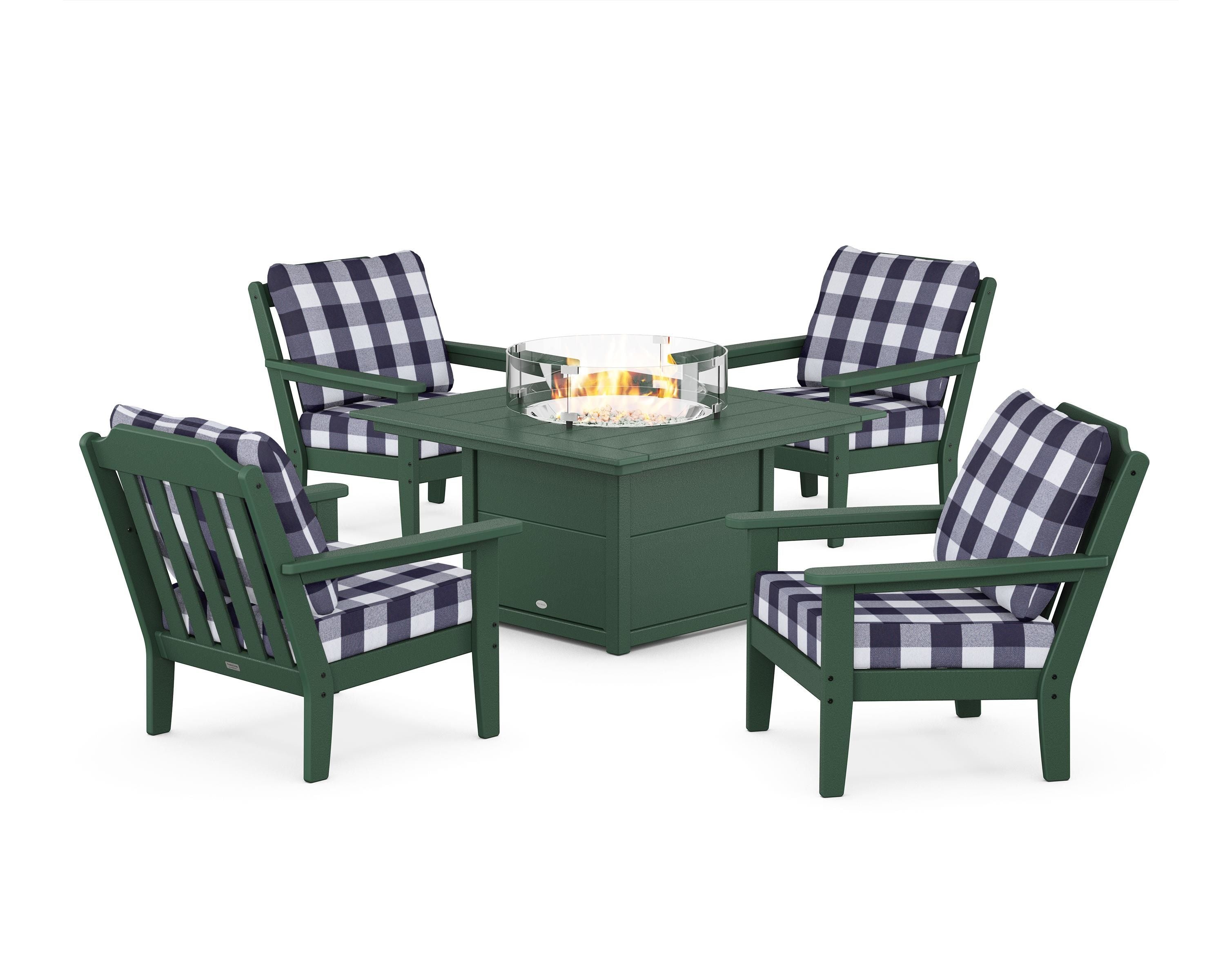 Country Living Cottage 5-Piece Deep Seating Set with Fire Pit Table in Green / Buffalo Plaid Navy