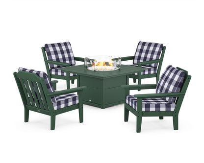 Country Living Cottage 5-Piece Deep Seating Set with Fire Pit Table in Green / Buffalo Plaid Navy