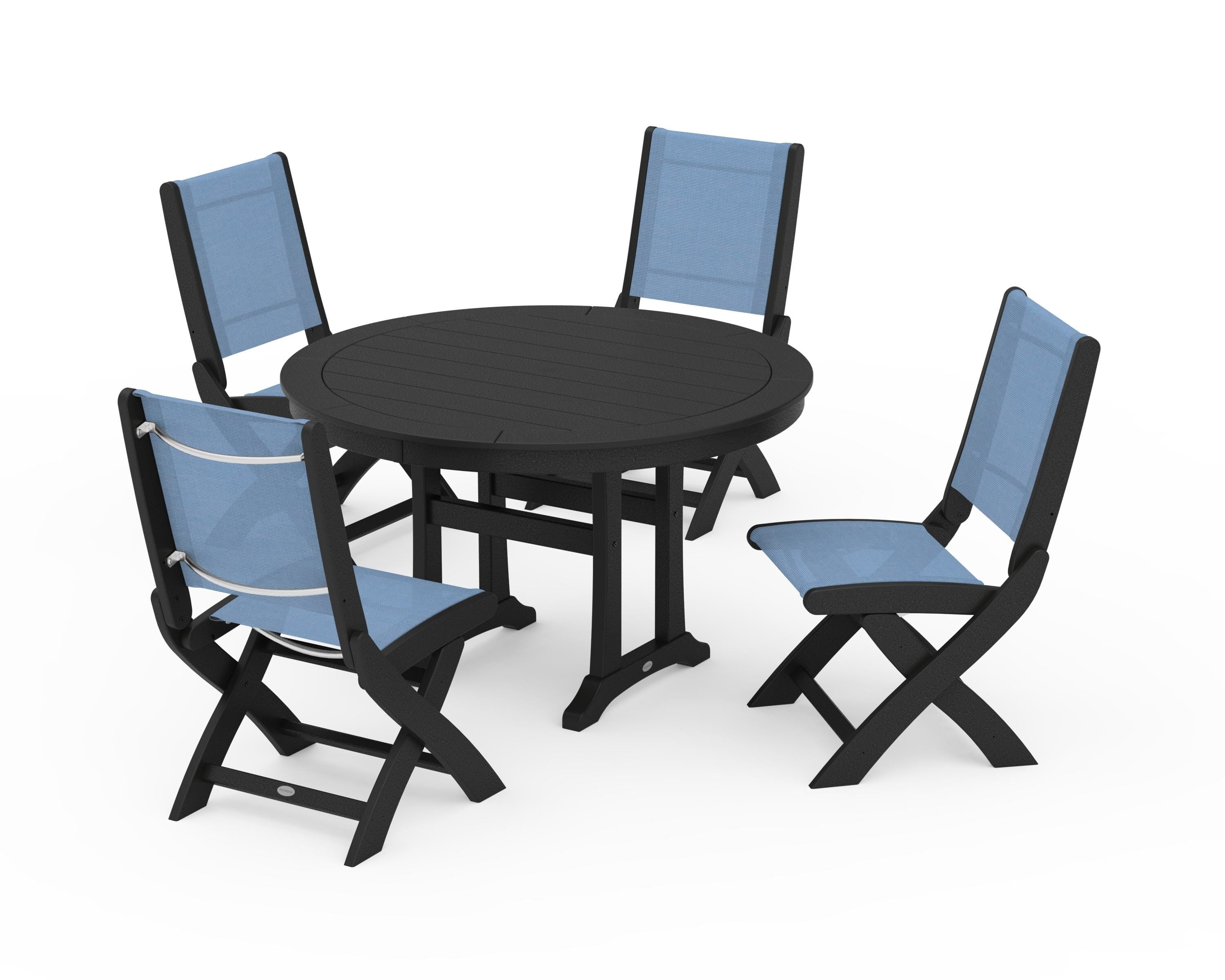 POLYWOOD® Coastal Folding Side Chair 5-Piece Round Dining Set With Trestle Legs in Black / Poolside Sling