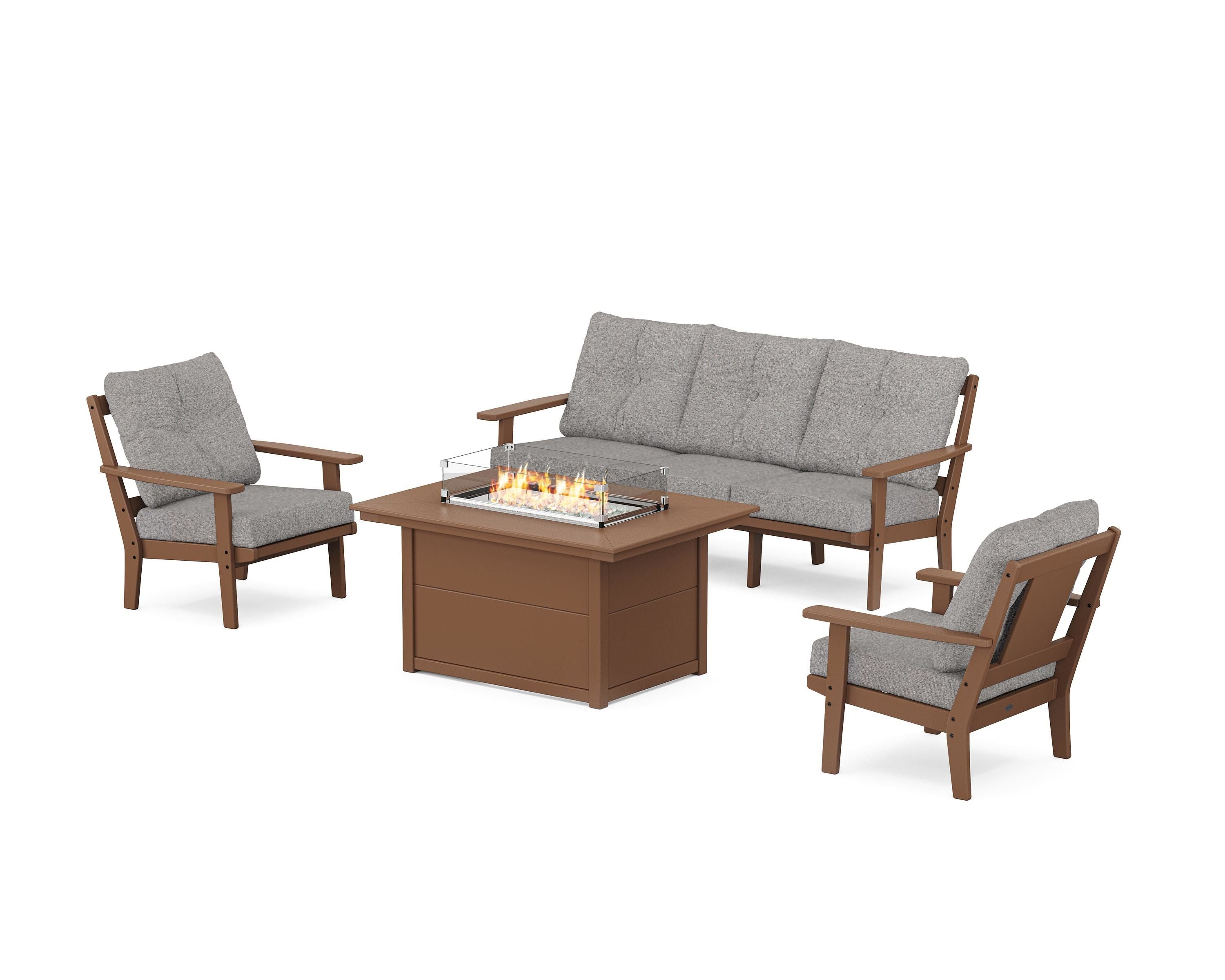 POLYWOOD® Prairie Deep Seating Fire Pit Table Set in Teak / Grey Mist