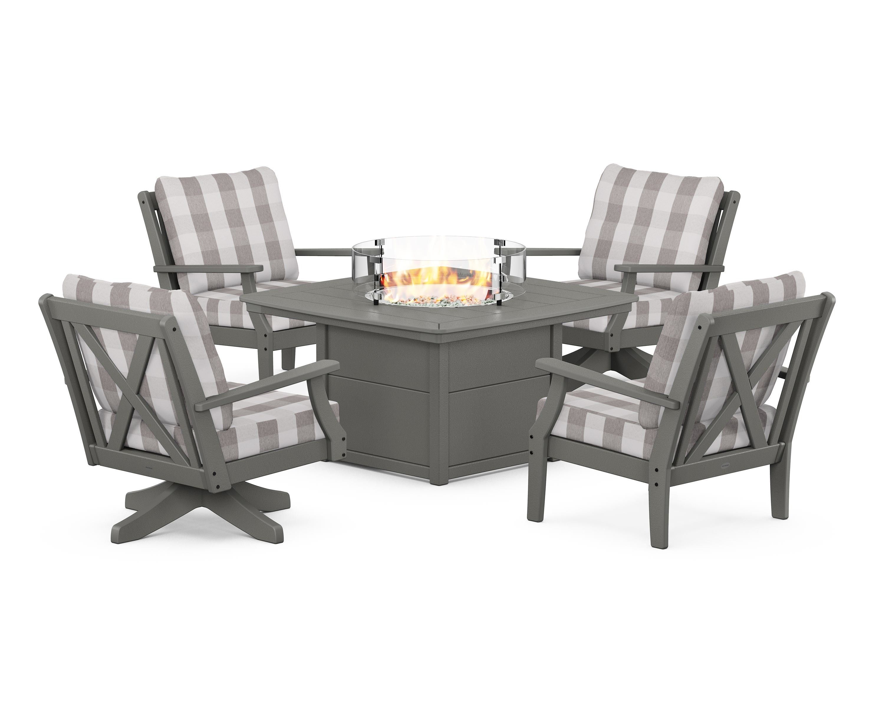 POLYWOOD® Braxton 5-Piece Deep Seating Set with Fire Table in Slate Grey / Buffalo Plaid Grey Mist