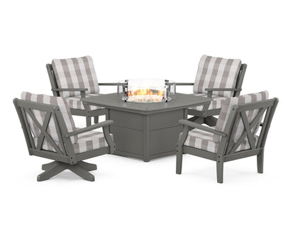 POLYWOOD® Braxton 5-Piece Deep Seating Set with Fire Table in Slate Grey / Buffalo Plaid Grey Mist