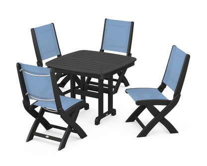 POLYWOOD® Coastal Folding Side Chair 5-Piece Dining Set in Black / Poolside Sling