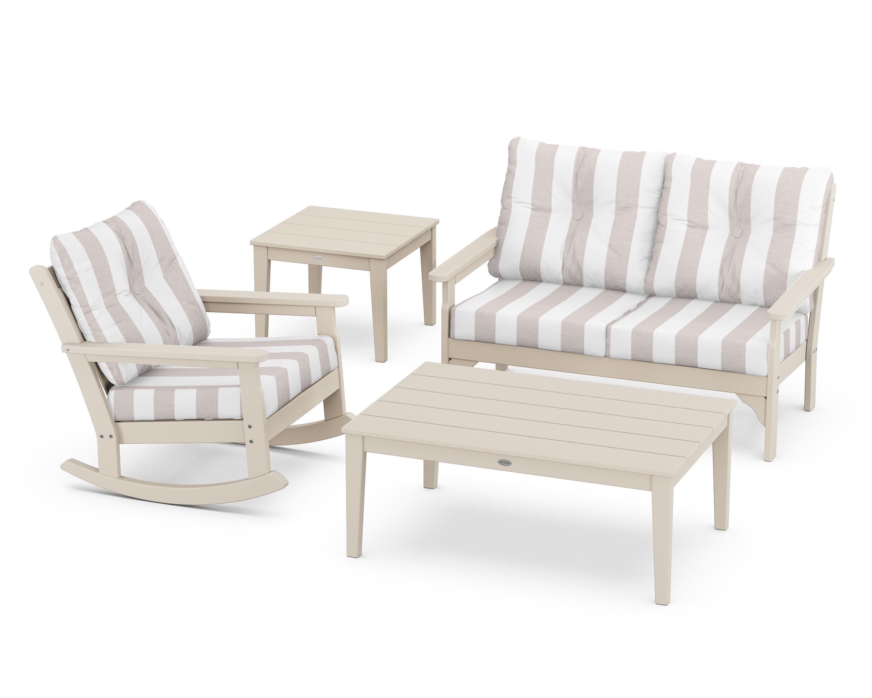 POLYWOOD® Vineyard 4-Piece Deep Seating Rocker Set in Sand / Cabana Stripe Dune Burlap