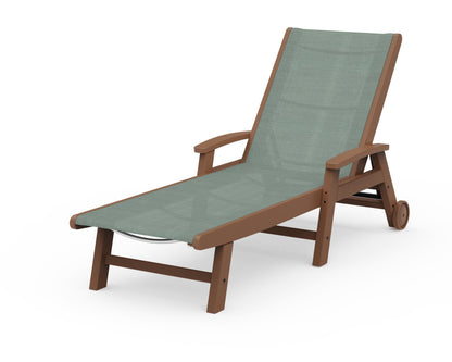 POLYWOOD® Coastal Chaise with Wheels in Teak / Dupioni Sea Mist Sling