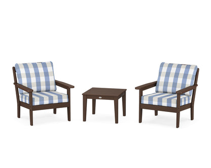 Country Living Cottage 3-Piece Deep Seating Set in Mahogany / Buffalo Plaid Sky Blue