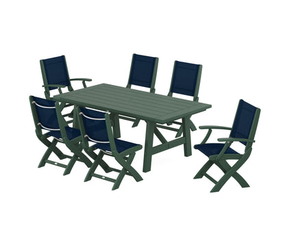 POLYWOOD® Coastal Folding Chair 7-Piece Rustic Farmhouse Dining Set in Green / Navy Blue Sling