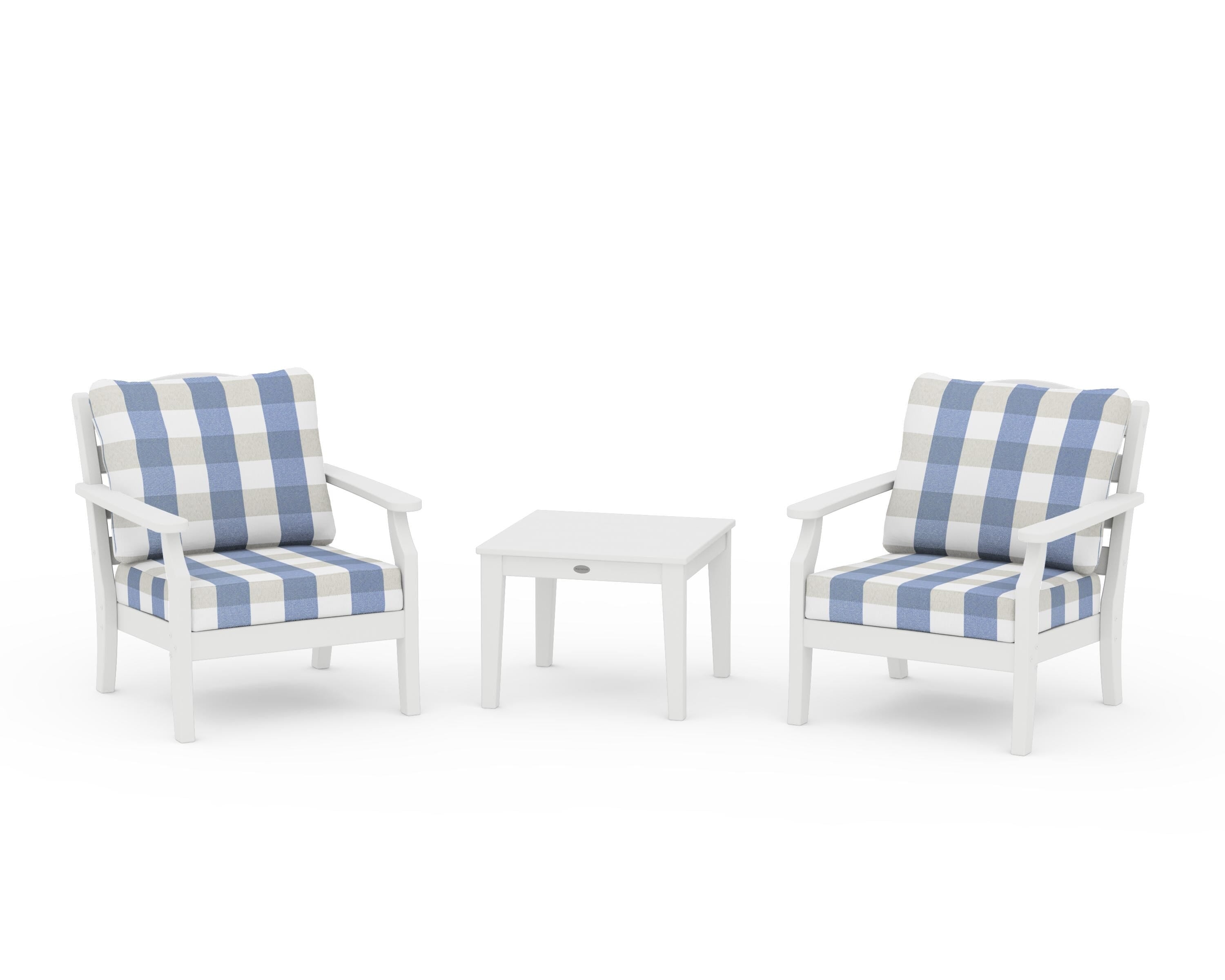 Draper James™ by  POLYWOOD® Savannah 3-Piece Deep Seating Set in White / Buffalo Plaid Sky Blue