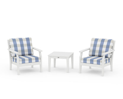 Draper James™ by  POLYWOOD® Savannah 3-Piece Deep Seating Set in White / Buffalo Plaid Sky Blue