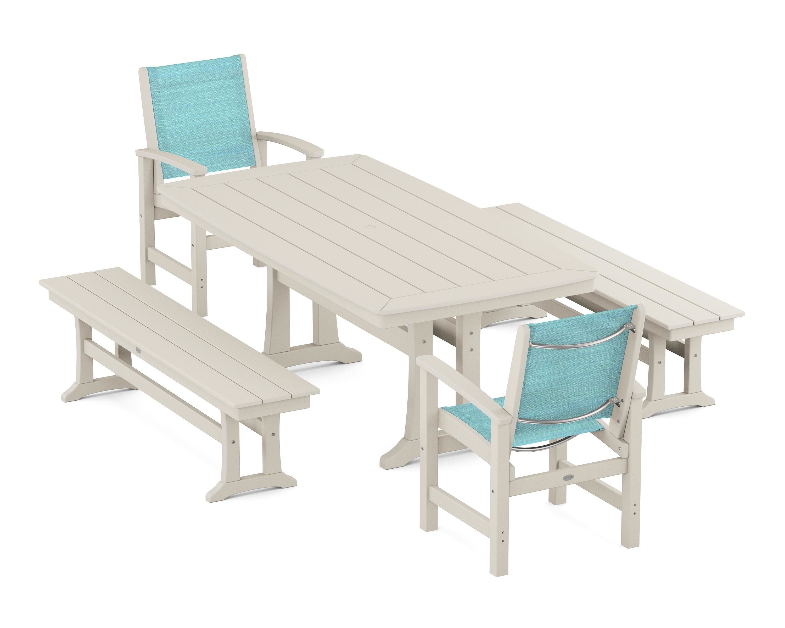 POLYWOOD® Coastal 5-Piece Dining Set with Trestle Legs and Benches in Sand / Dupioni Aquamarine Sling