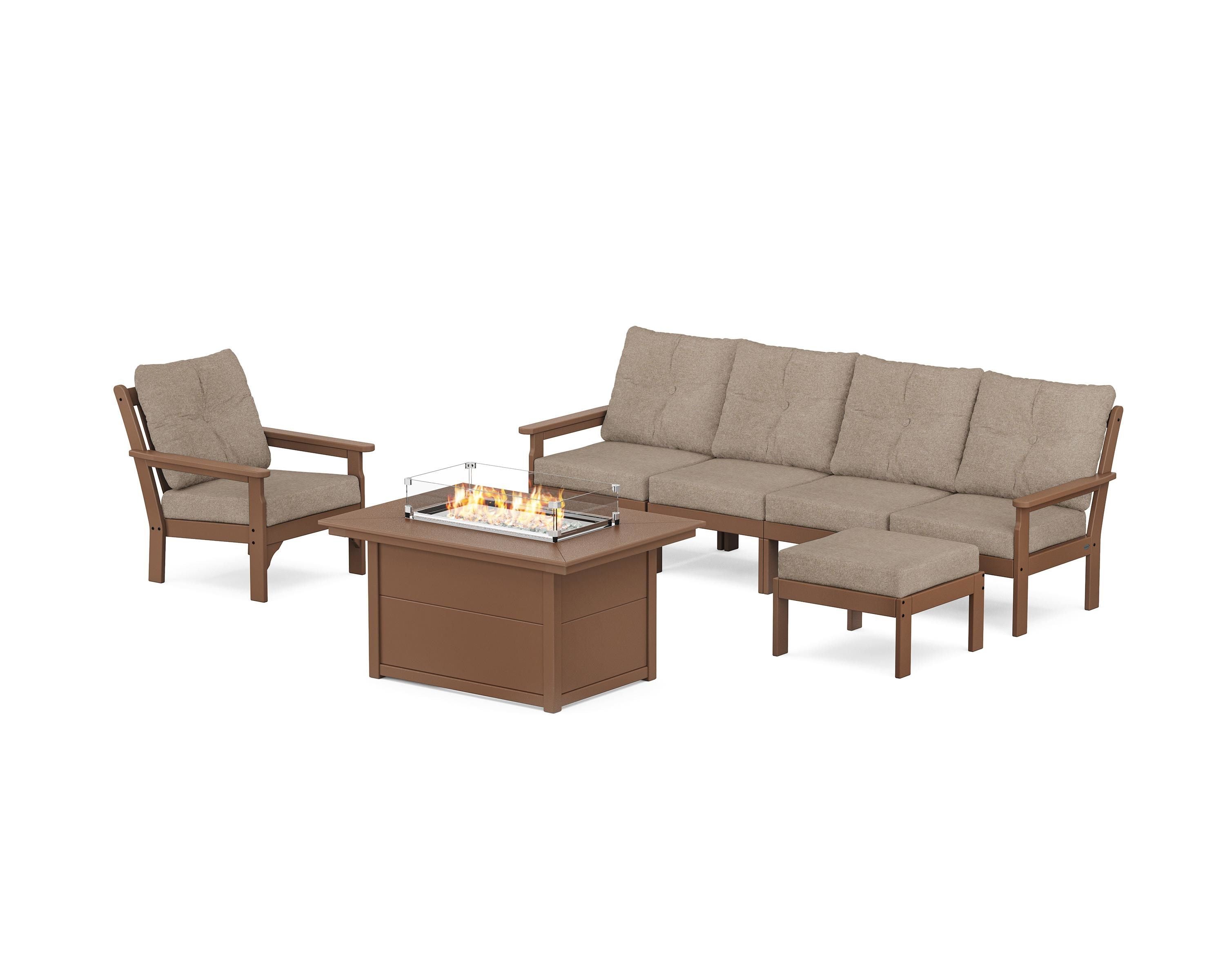 POLYWOOD® Vineyard Sectional Lounge and Fire Pit Set in Teak / Spiced Burlap