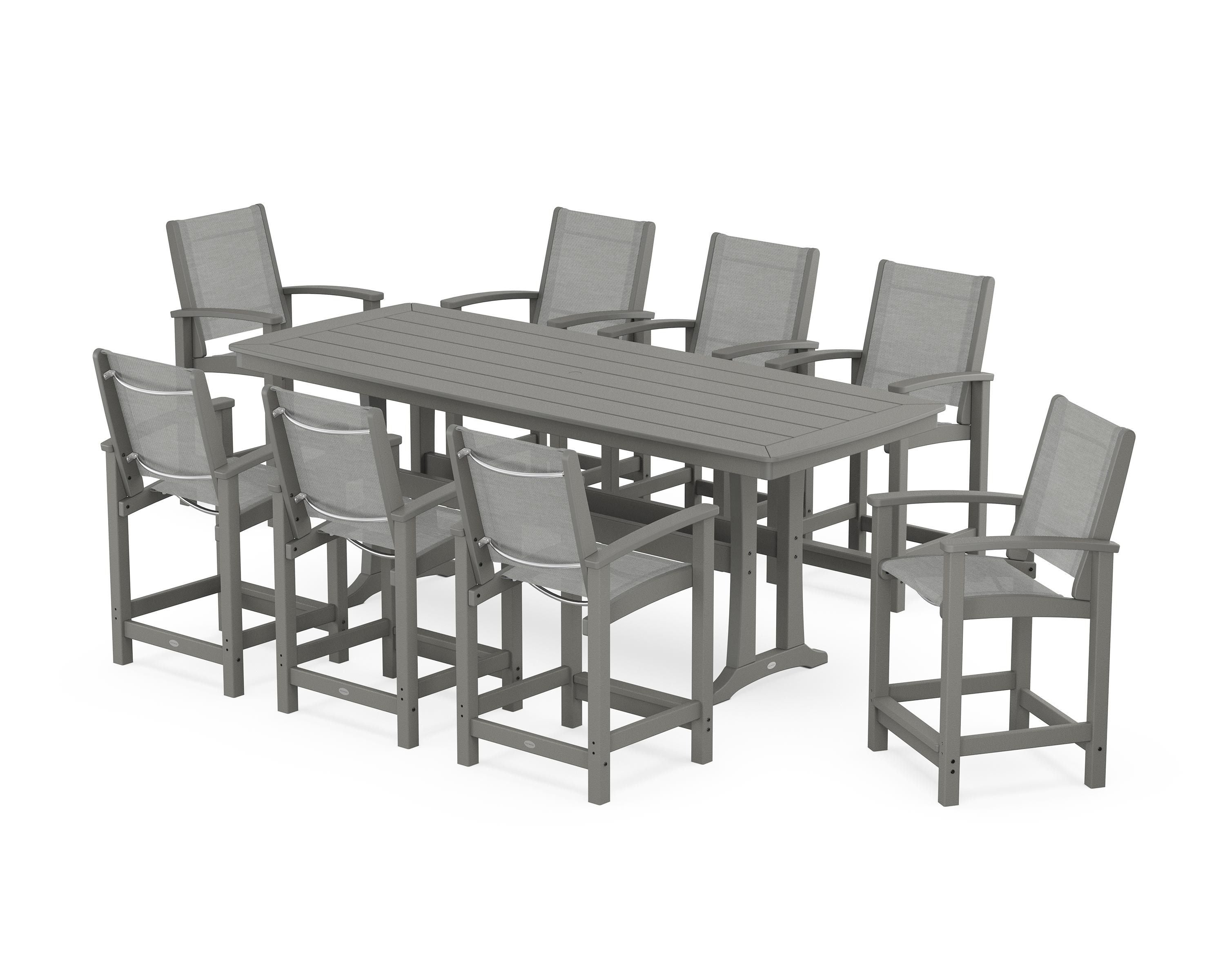 POLYWOOD® Coastal 9-Piece Counter Set with Trestle Legs in Slate Grey / Metallic Sling