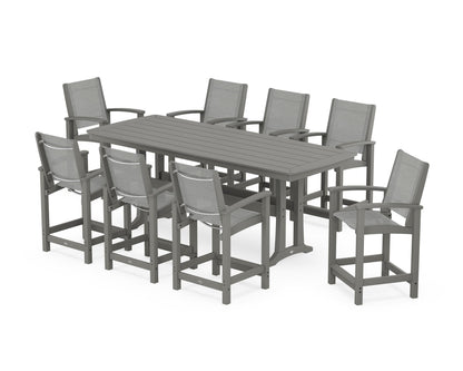 POLYWOOD® Coastal 9-Piece Counter Set with Trestle Legs in Slate Grey / Metallic Sling