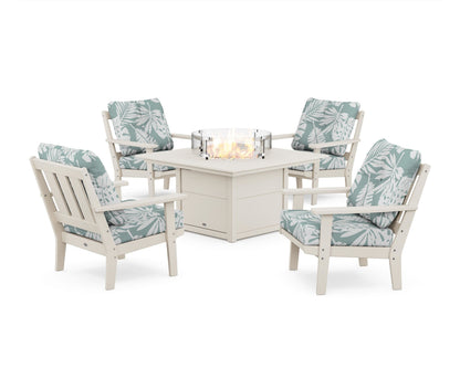 POLYWOOD® Oxford 5-Piece Deep Seating Set with Fire Pit Table in Sand / Leaf Glacier Spa