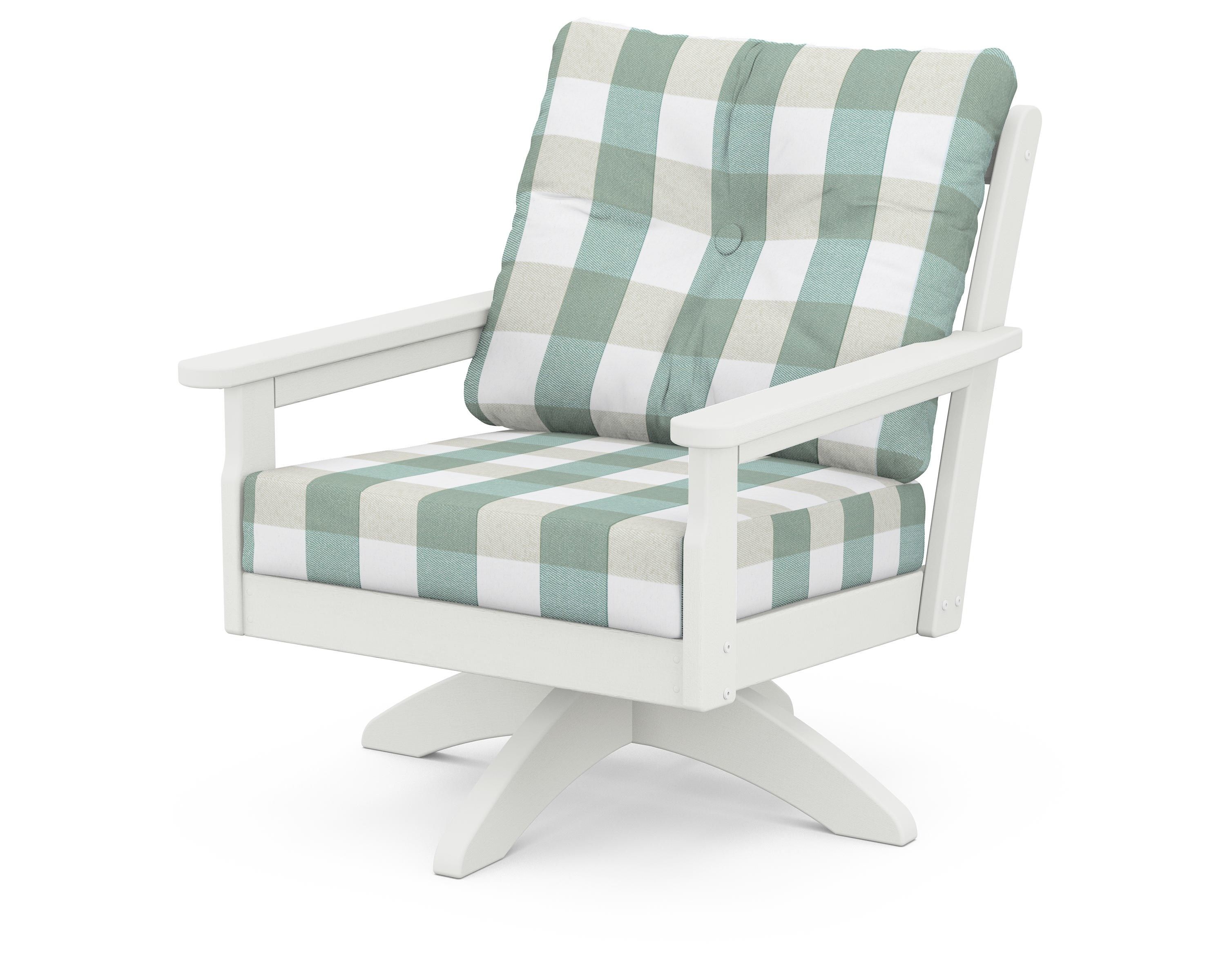 POLYWOOD® Vineyard Deep Seating Swivel Chair in Vintage White / Buffalo Plaid Glacier Spa