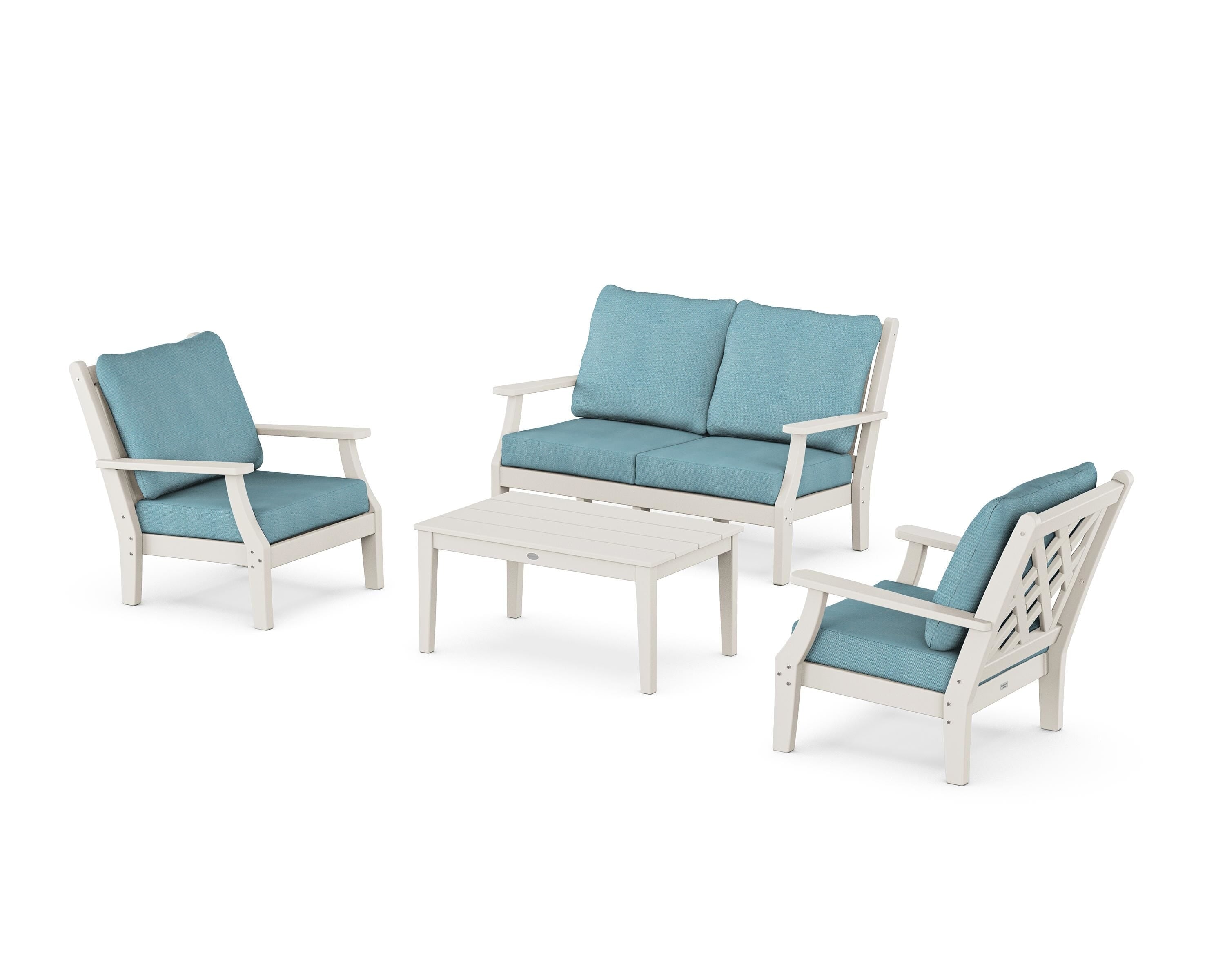 Country Living Wovendale 4-Piece Deep Seating Set with Loveseat in Sand / Lattice Sky Blue
