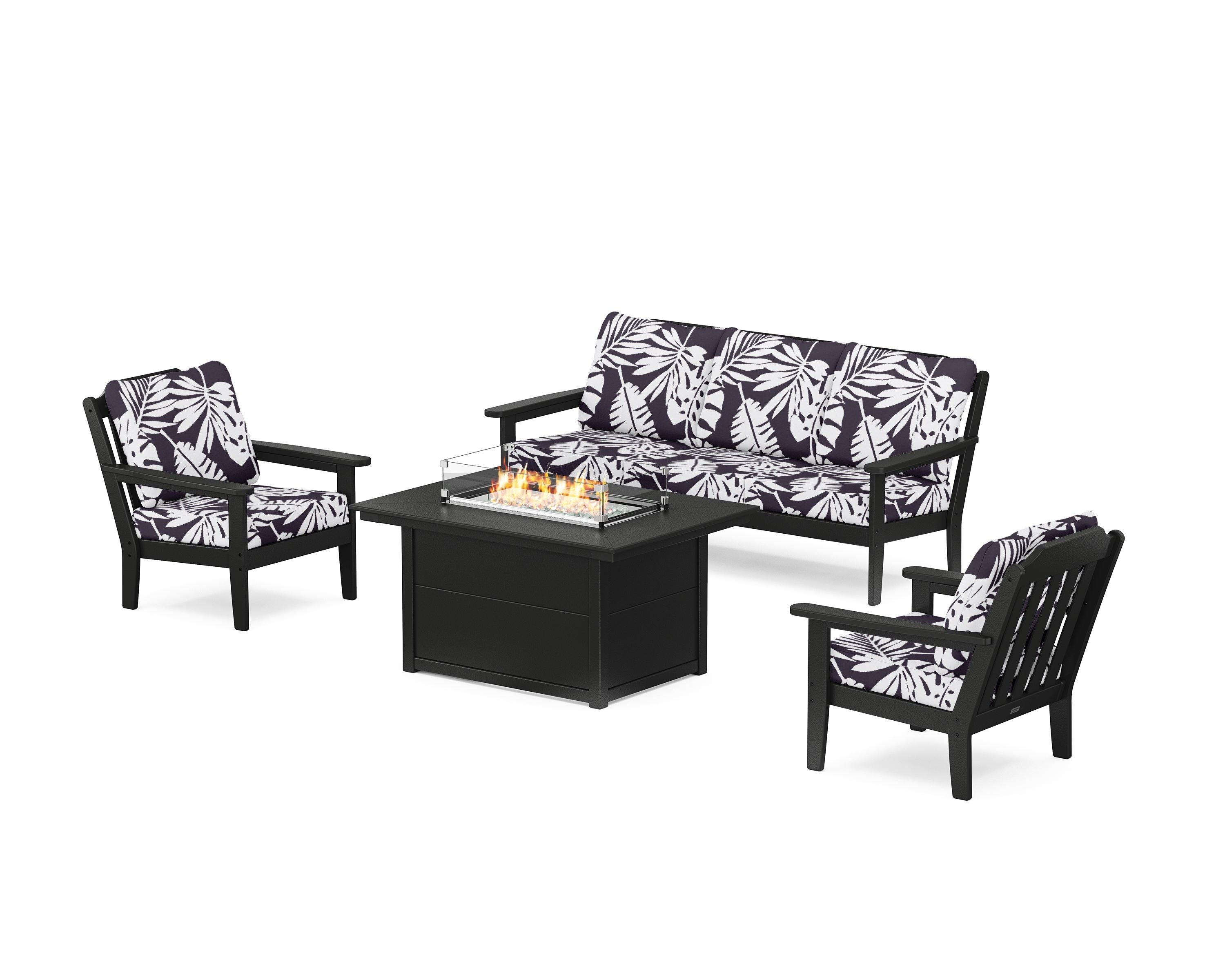Country Living Cottage Deep Seating Fire Pit Table Set in Black / Leaf Navy