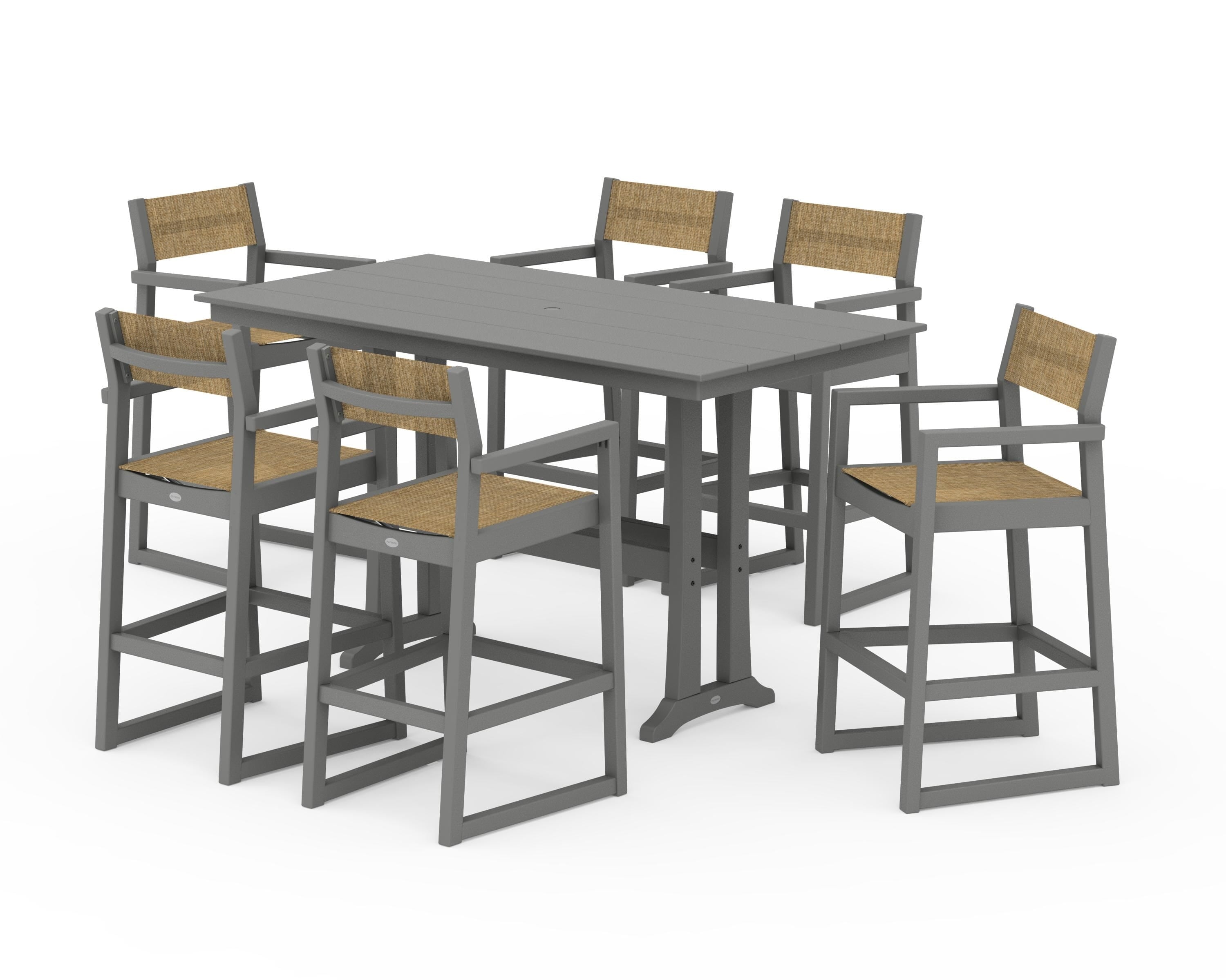 POLYWOOD® EDGE Sling Arm Chair 7-Piece Farmhouse Bar Set with Trestle Legs in Slate Grey / Burlap Sling
