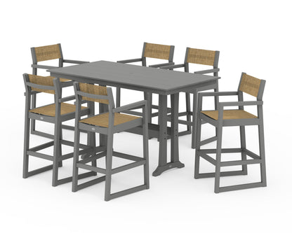 POLYWOOD® EDGE Sling Arm Chair 7-Piece Farmhouse Bar Set with Trestle Legs in Slate Grey / Burlap Sling