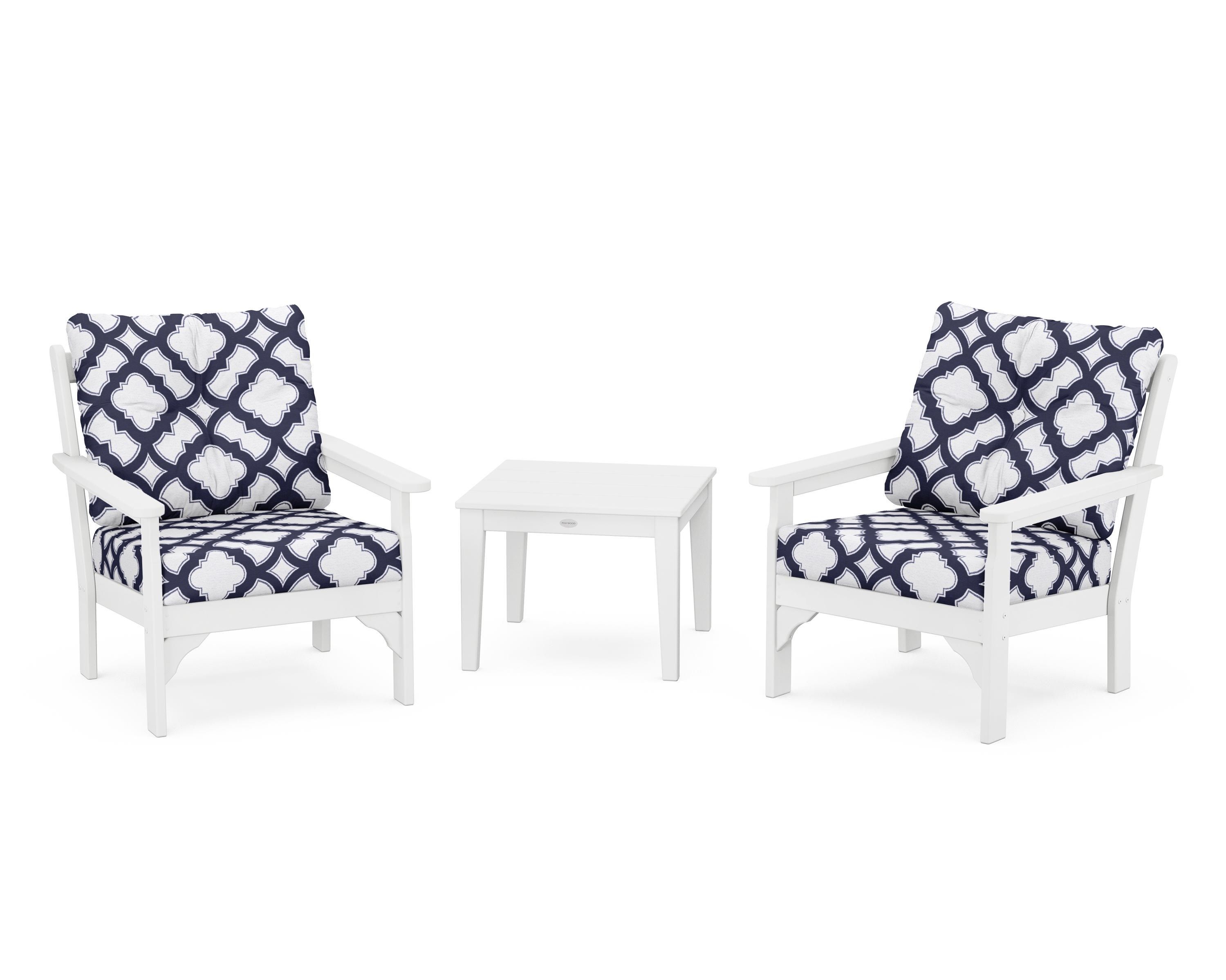 POLYWOOD® Vineyard 3-Piece Deep Seating Set in White / Trellis Navy