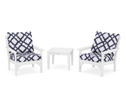 POLYWOOD® Vineyard 3-Piece Deep Seating Set in White / Trellis Navy