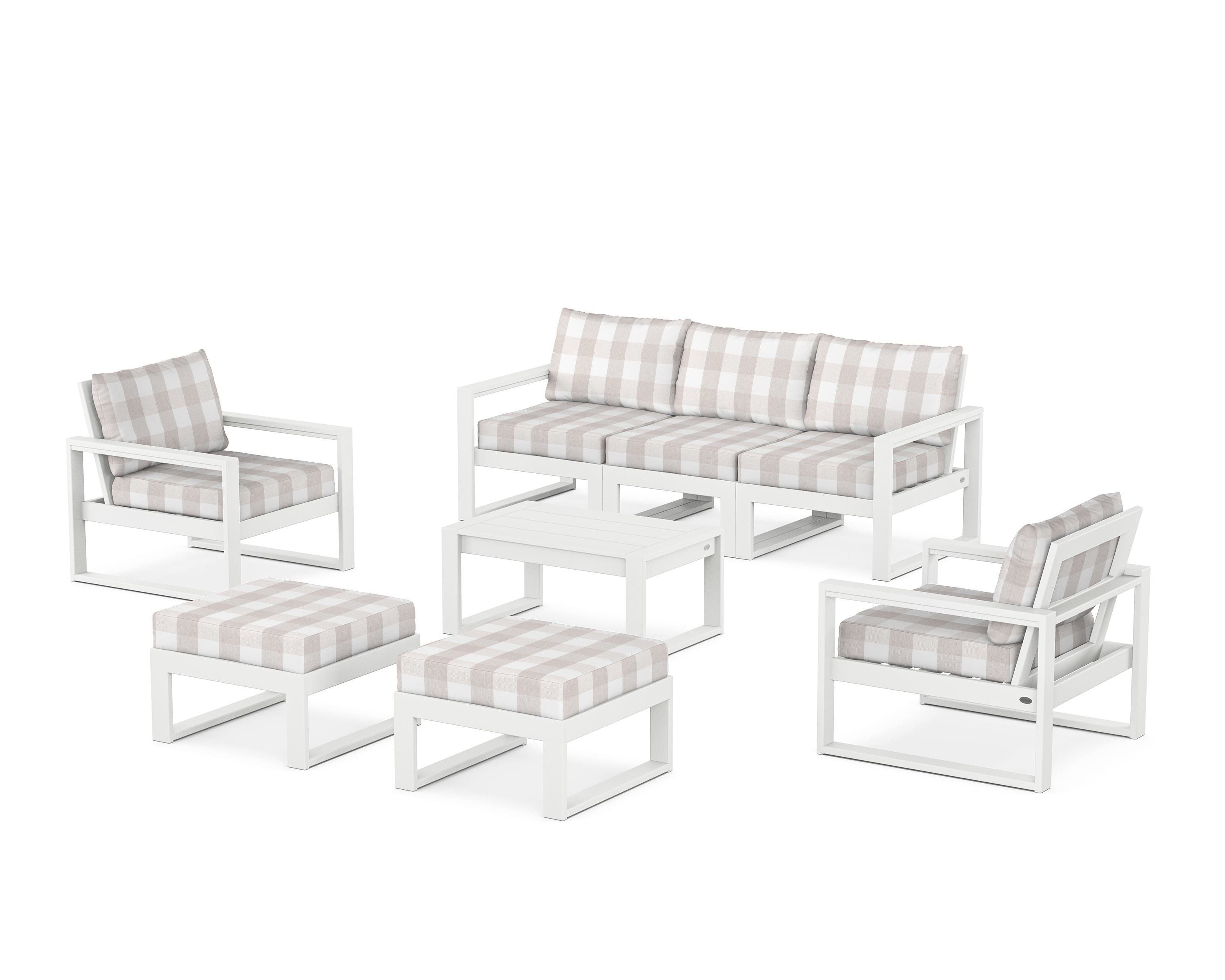 POLYWOOD® EDGE Sectional 8-Piece Lounge Sofa Set in White / Buffalo Plaid Dune Burlap