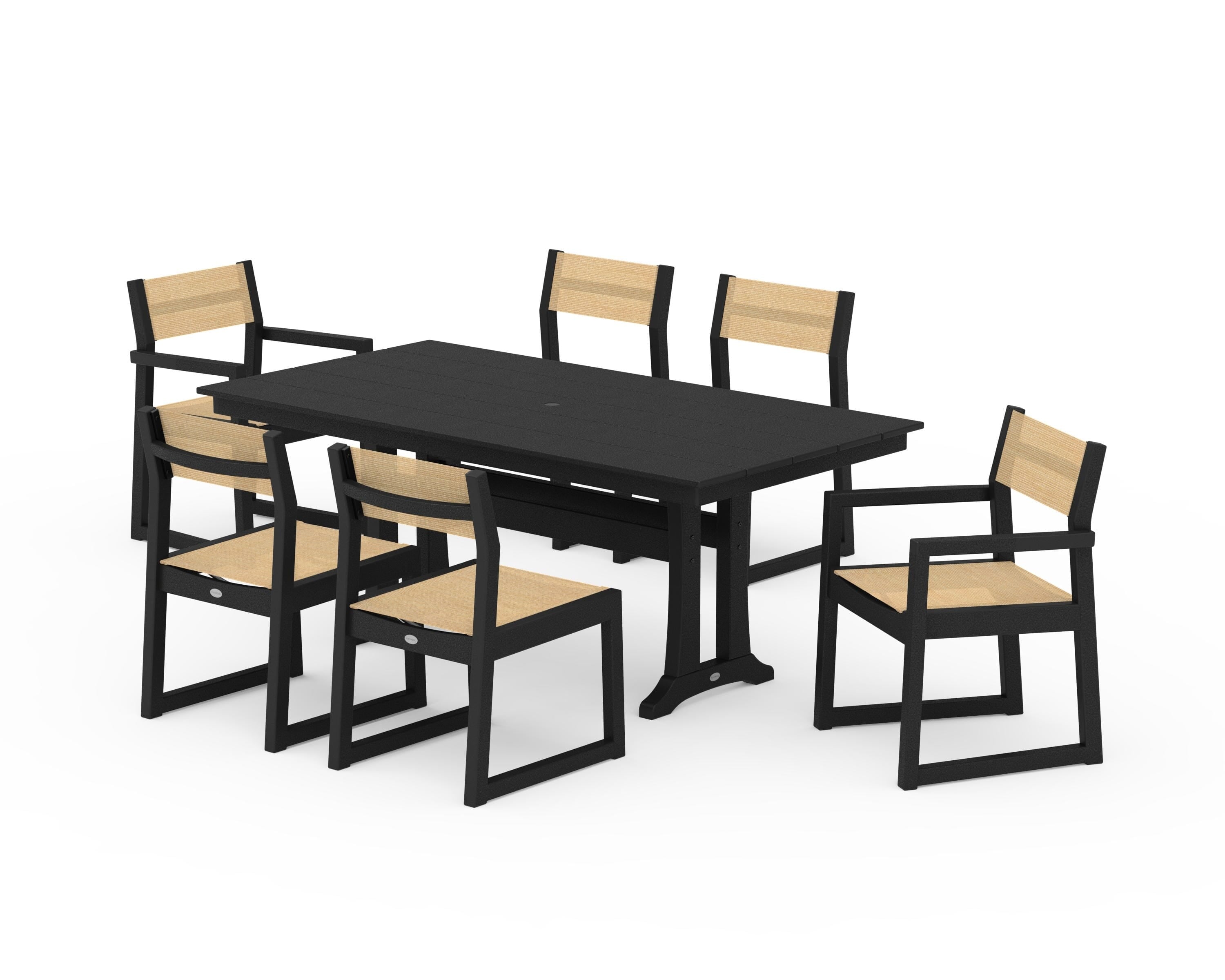 POLYWOOD® EDGE Sling 7-Piece Farmhouse Trestle Dining Set in Black / Dupioni Apricot Sling