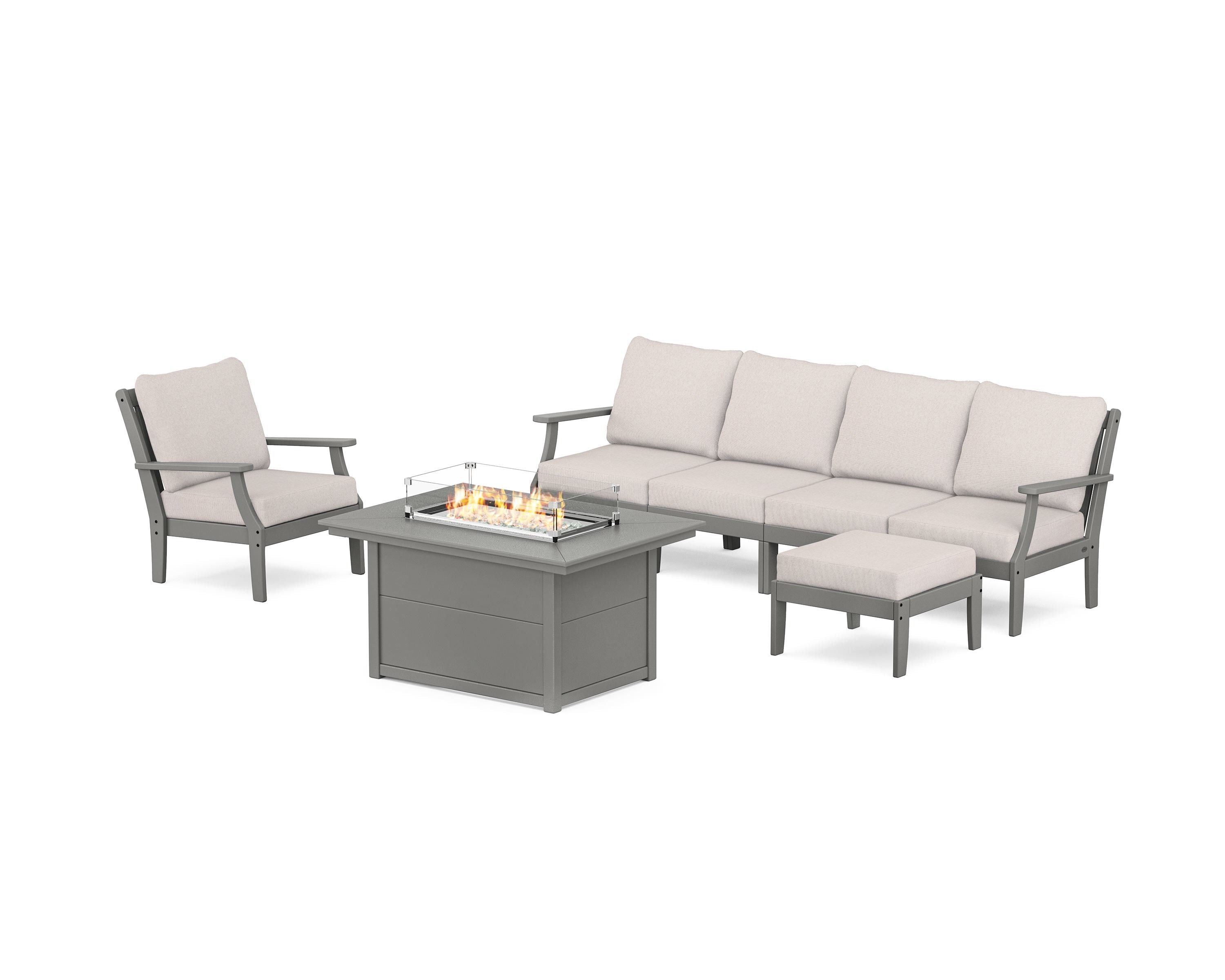 POLYWOOD® Braxton Sectional Lounge and Fire Pit Set in Slate Grey / Dune Burlap