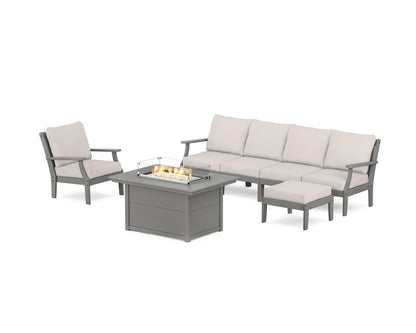 POLYWOOD® Braxton Sectional Lounge and Fire Pit Set in Slate Grey / Dune Burlap