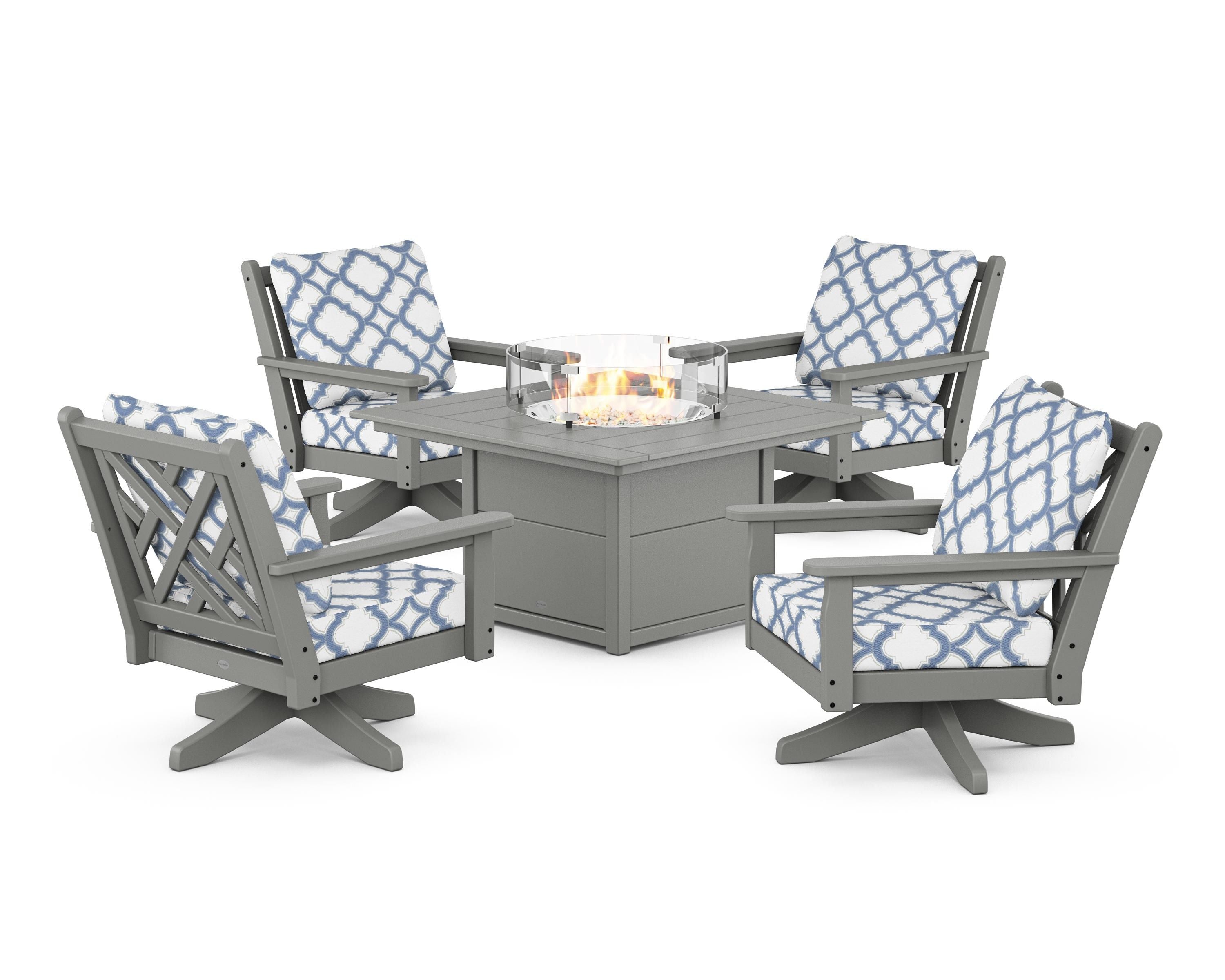 POLYWOOD® Chippendale 5-Piece Deep Seating Swivel Conversation Set with Fire Pit Table in Slate Grey / Trellis Sky Blue