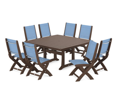 POLYWOOD® Coastal Folding Side Chair 9-Piece Dining Set with Trestle Legs in Mahogany / Poolside Sling