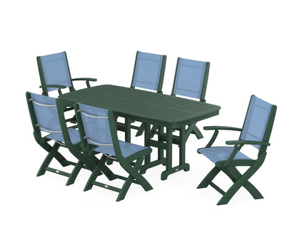 POLYWOOD® Coastal Folding Chair 7-Piece Dining Set in Green / Poolside Sling