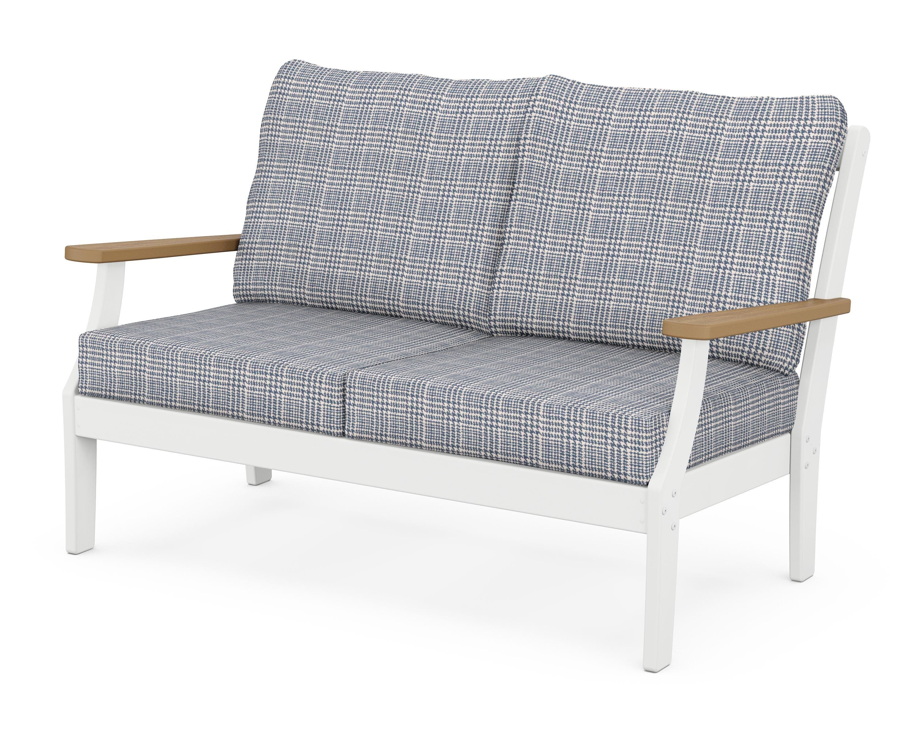 POLYWOOD® Braxton Deep Seating Loveseat in White / Natural / Houndstooth Sky Blue
